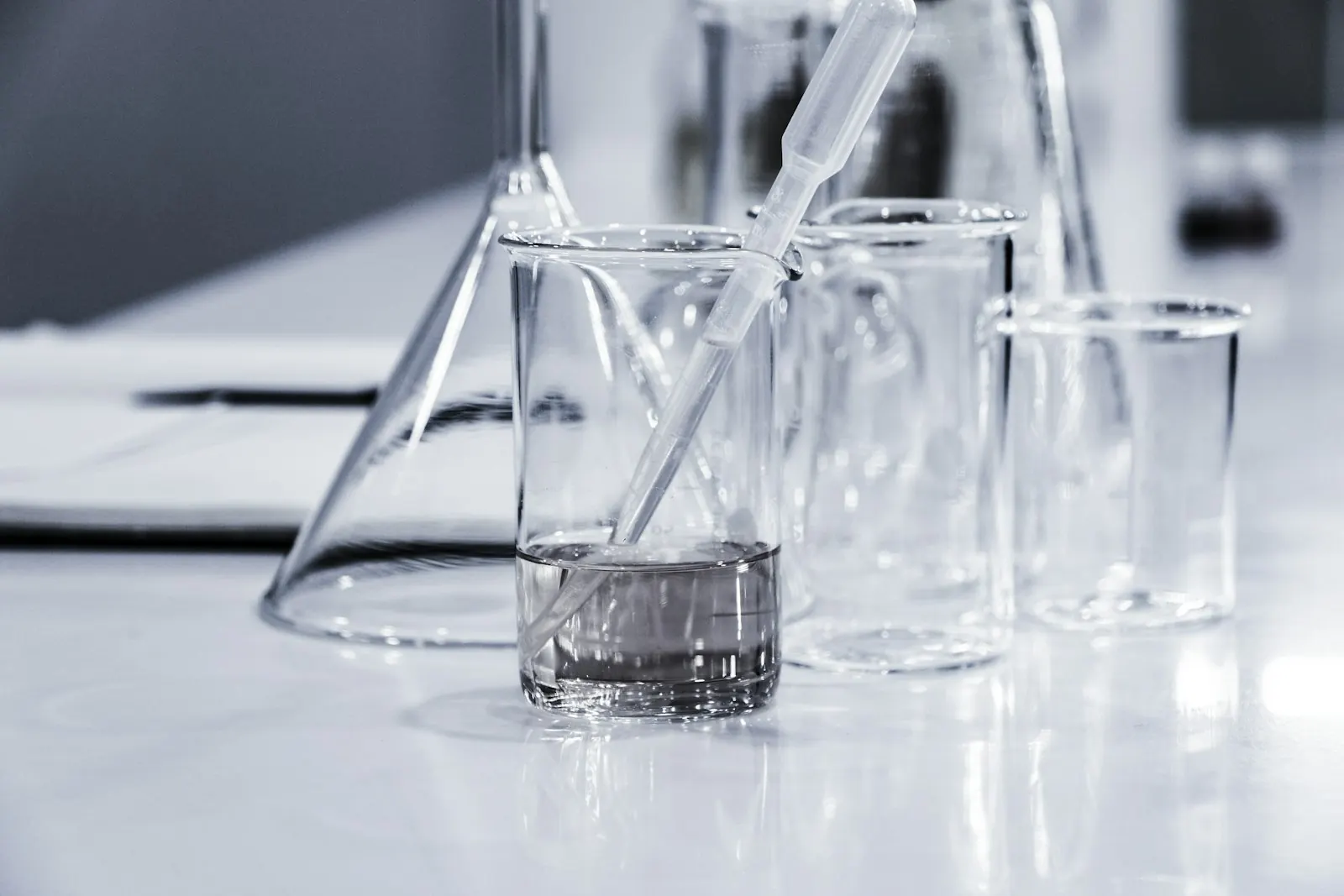 Béchers et pipette en verre sur une paillasse de laboratoire