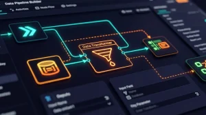Data pipeline interface showing a source, a transformer and a destination linked by real time flows