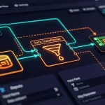 Interface d'un pipeline de données montrant une source, un transformateur et une destination reliés par des flux en temps réel
